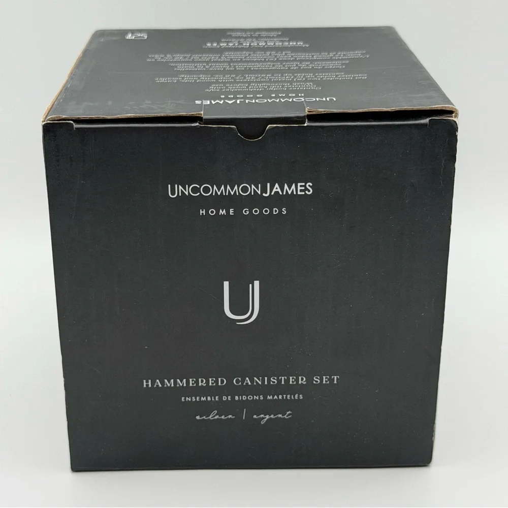2 Piece Uncommon James Silver Hammered Canister Set w/Wood Lids 45oz & 25oz NEW